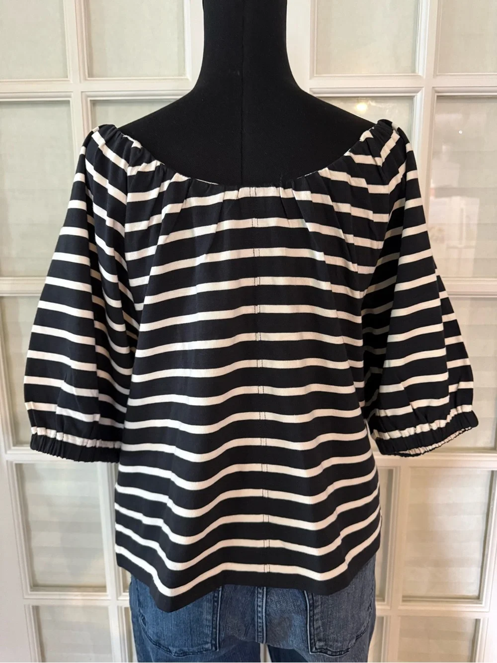 J. Crew Black and White Striped Off-Shoulder Blouse